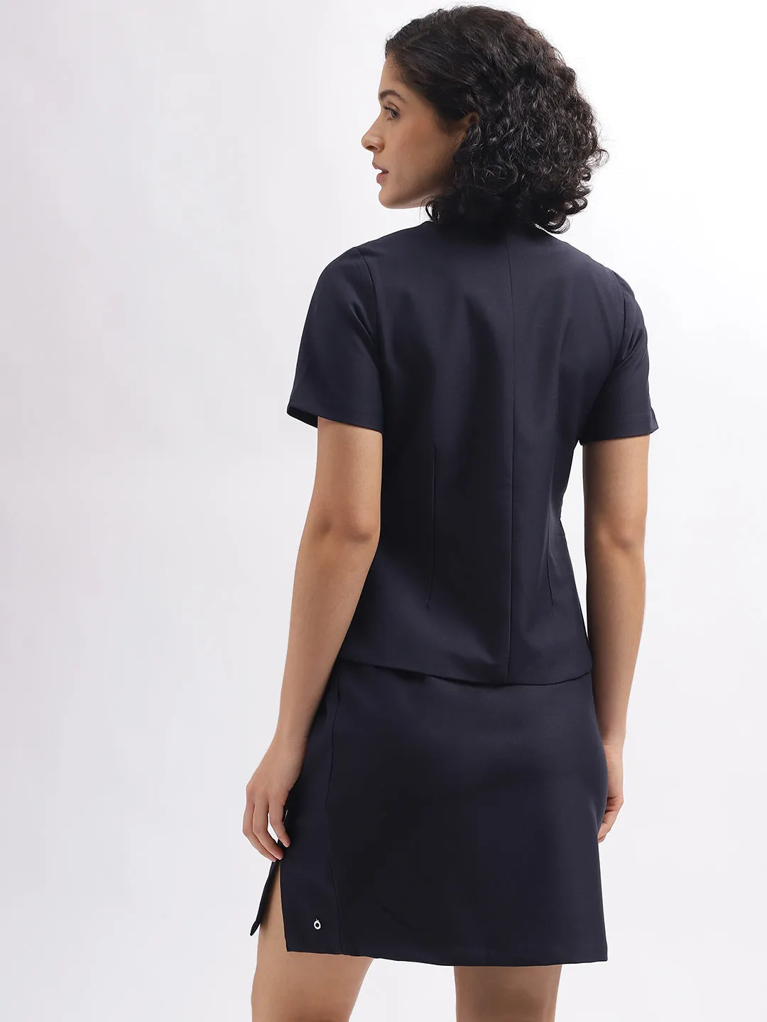 Iconic Women Navy Blue Solid V-Neck Short Sleeves Blazer