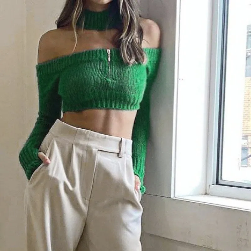 Joskaa Nsauye Streetwear Fashion Y2K Knitted Pullover Women Sweater Tops Green 2024 Sexy Off Shoulder Turtleneck Long Sleeve Sweater