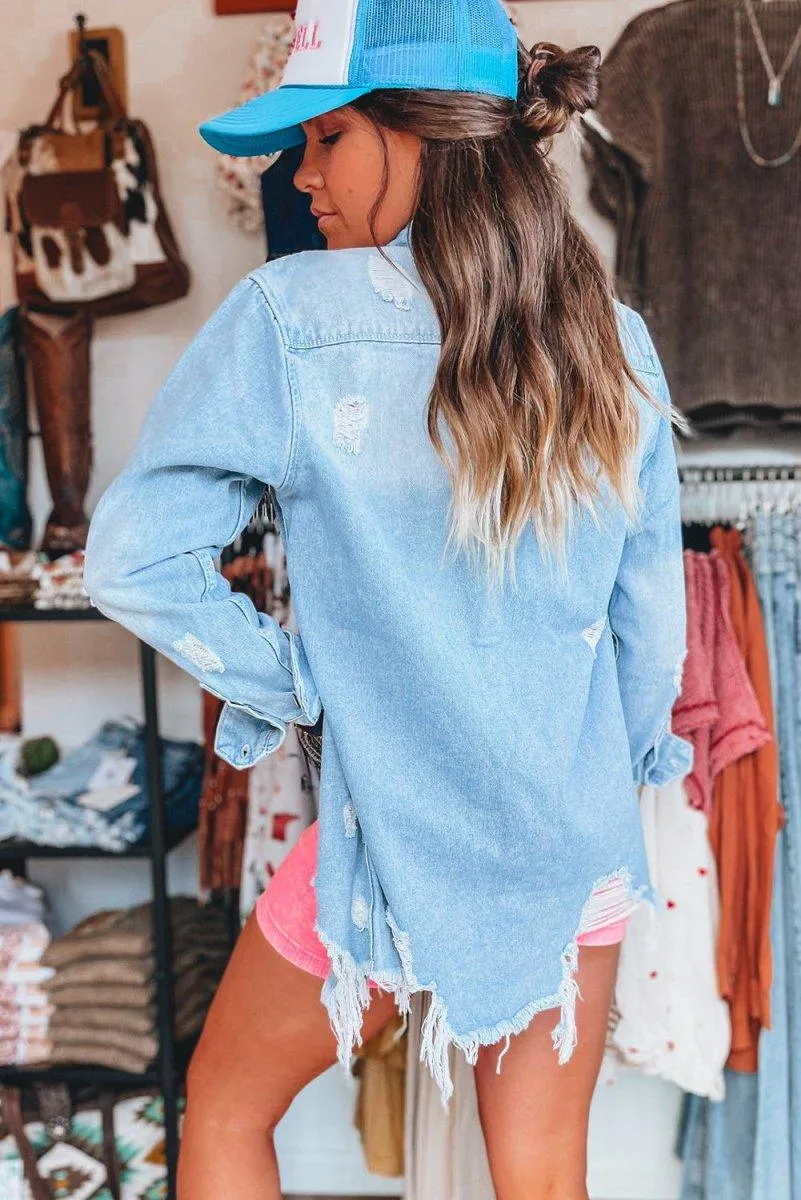 Light Distressed Frayed Long Denim Jacket