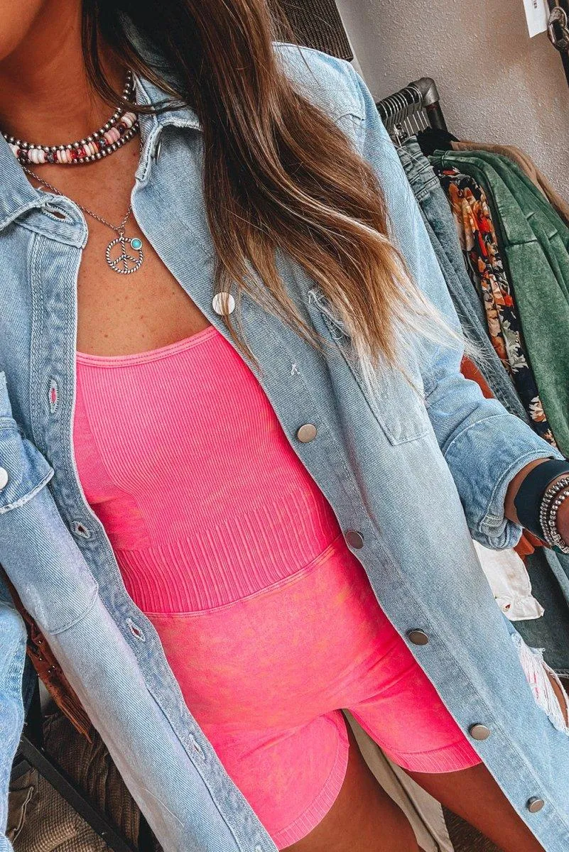 Light Distressed Frayed Long Denim Jacket