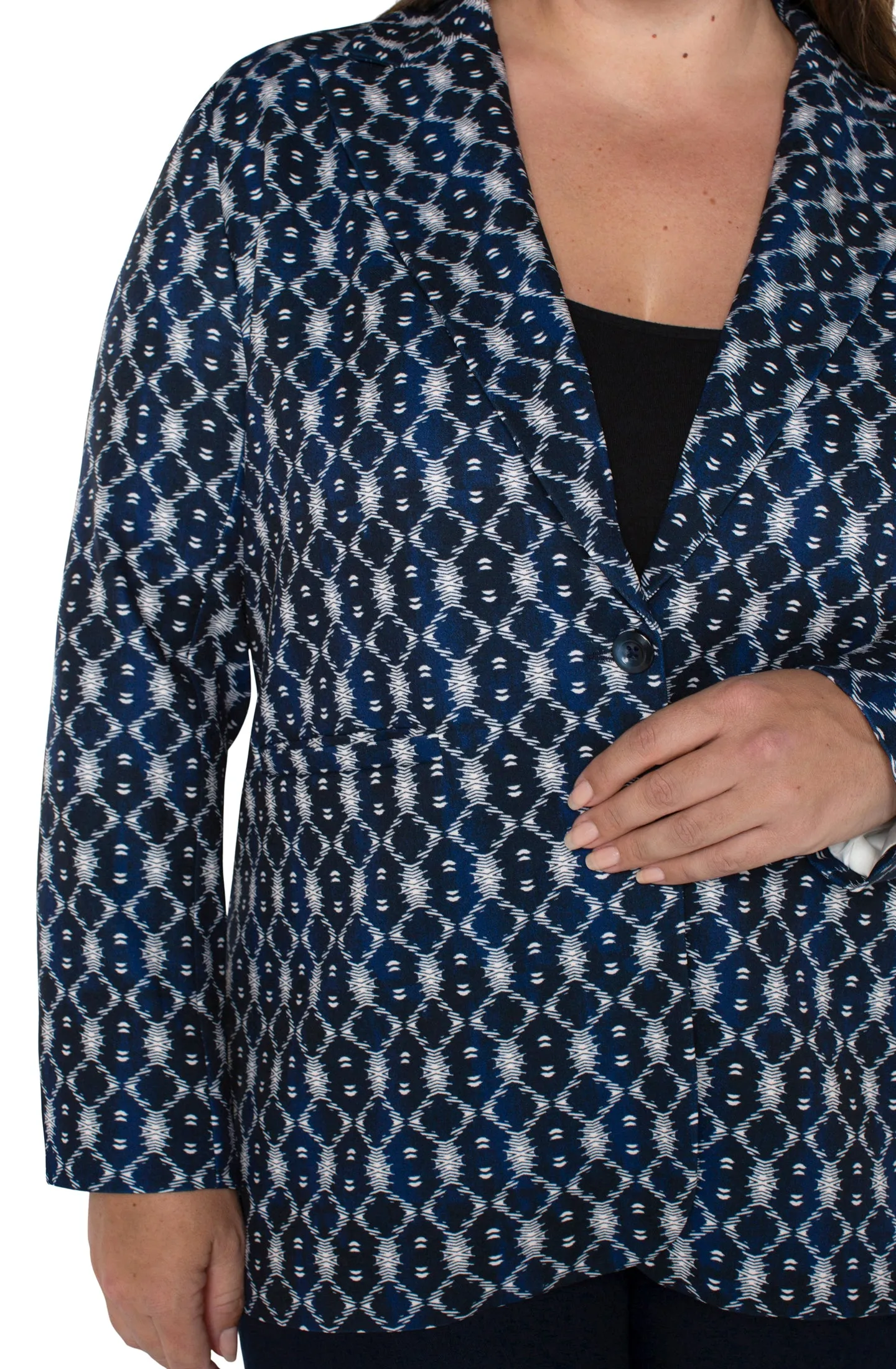 Liverpool Button Front Boyfriend Blazer Plus Size (Navy Batik Print)