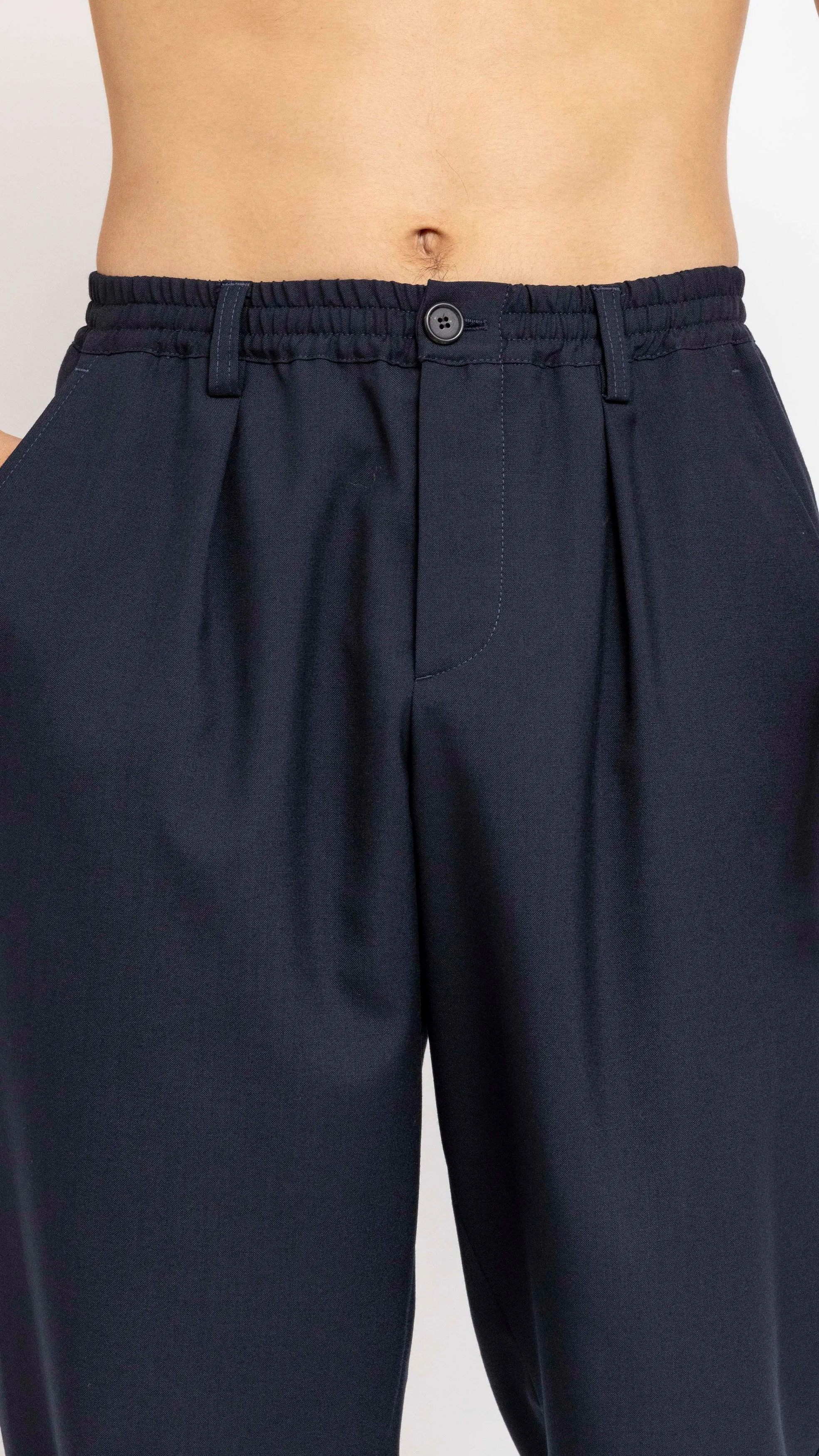 MARNI NAVY TROPICAL WOOL ELASTIC WAIST PANTS