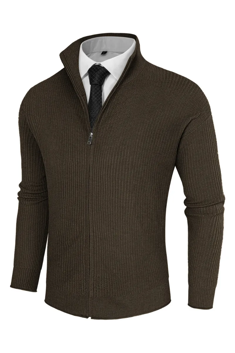 Men Zip-up Cardigan Long Sleeve Stand Collar Dropped Shoulder Sweater