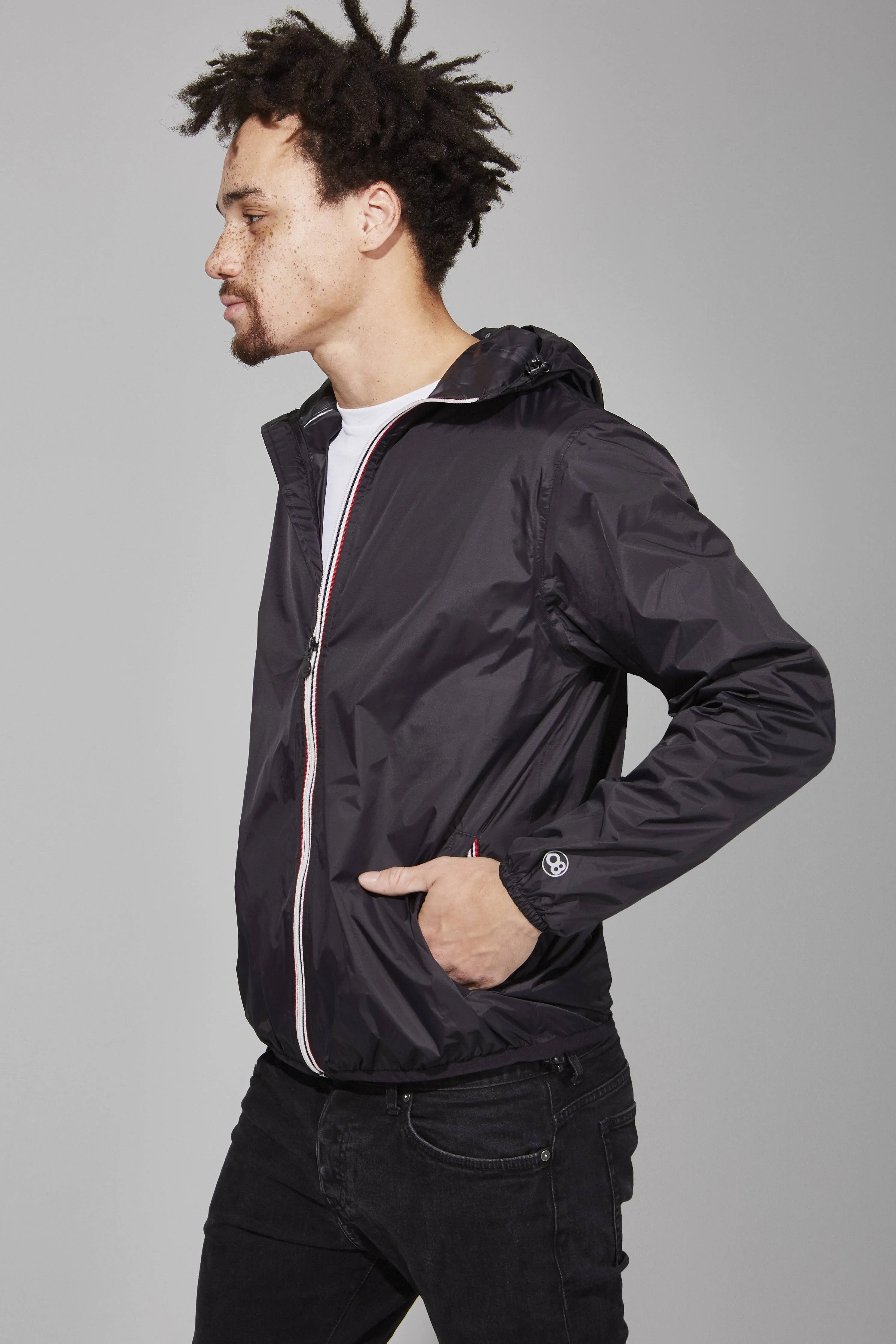 Men's Black Full Zip Packable Rain Jacket and Windbreaker