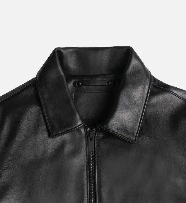 Men's Black Shirt Collar Style Leather Jacket