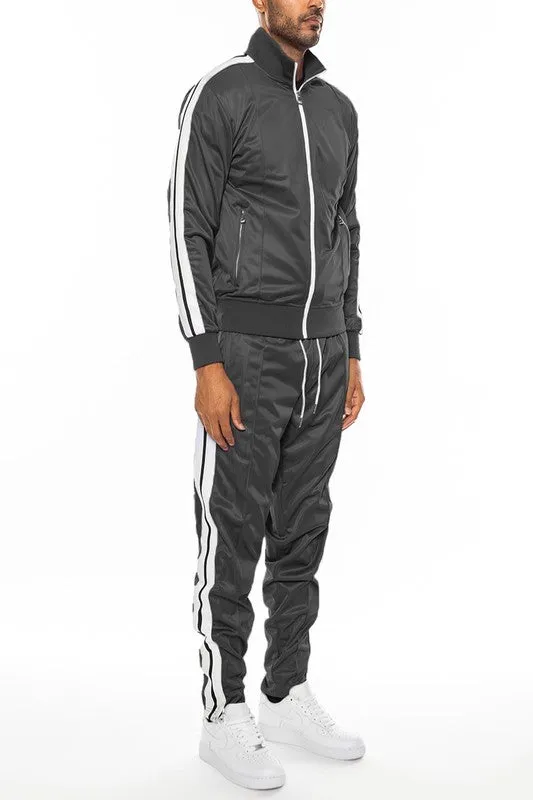 Men's Black Striped Tape Front Pleated Zipper Jacket & Pants Tracksuit