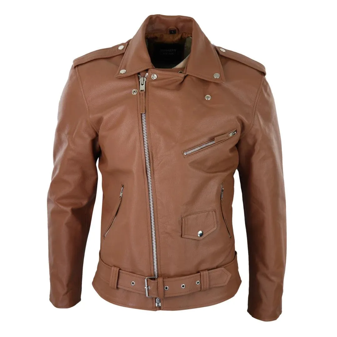 Mens Cow Hide Cross Zip Brando Biker Motorcycle Real Leather Jacket