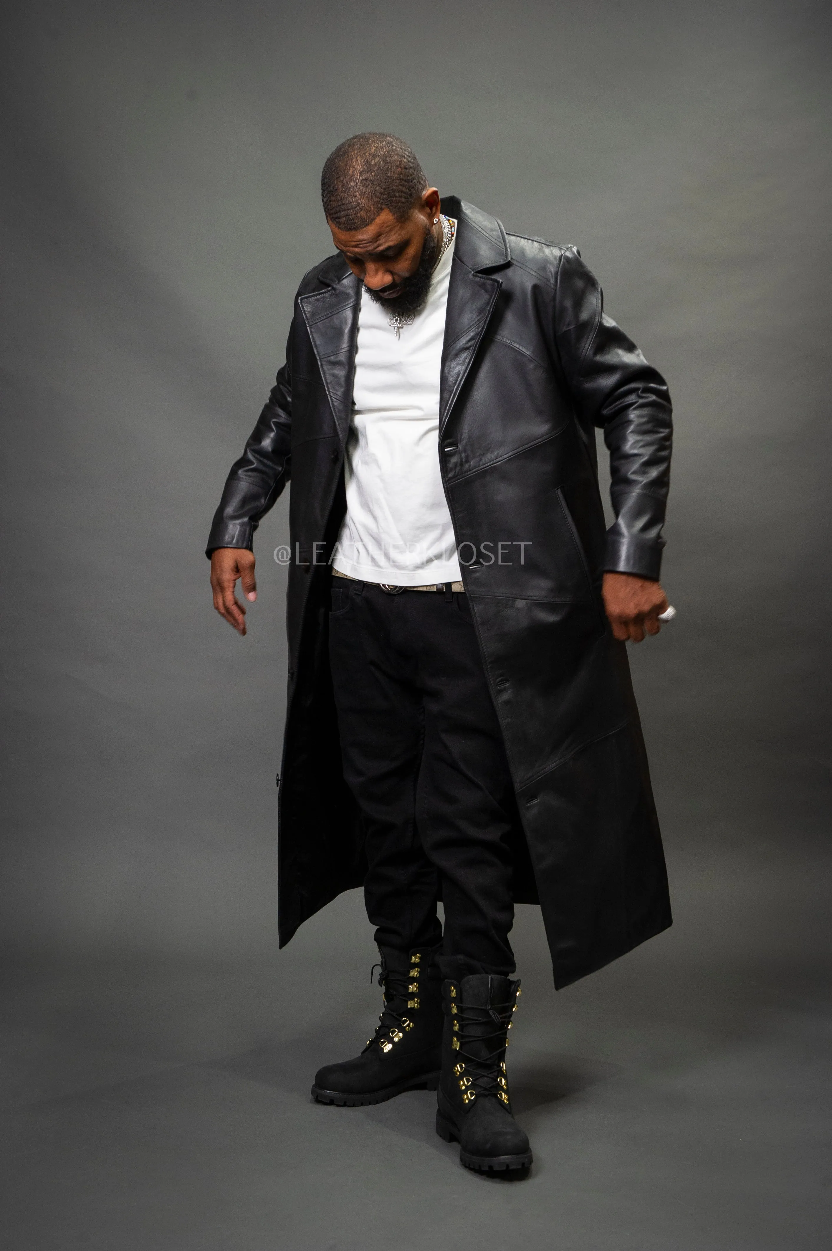 Men's Leather Unnameable Trench Coat [Black]