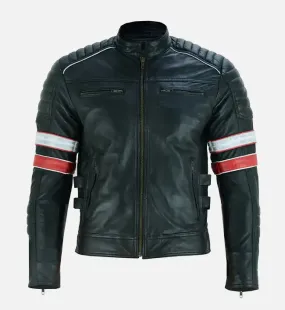 Men’s Red and White Striped Cafe Racer Leather Jacket