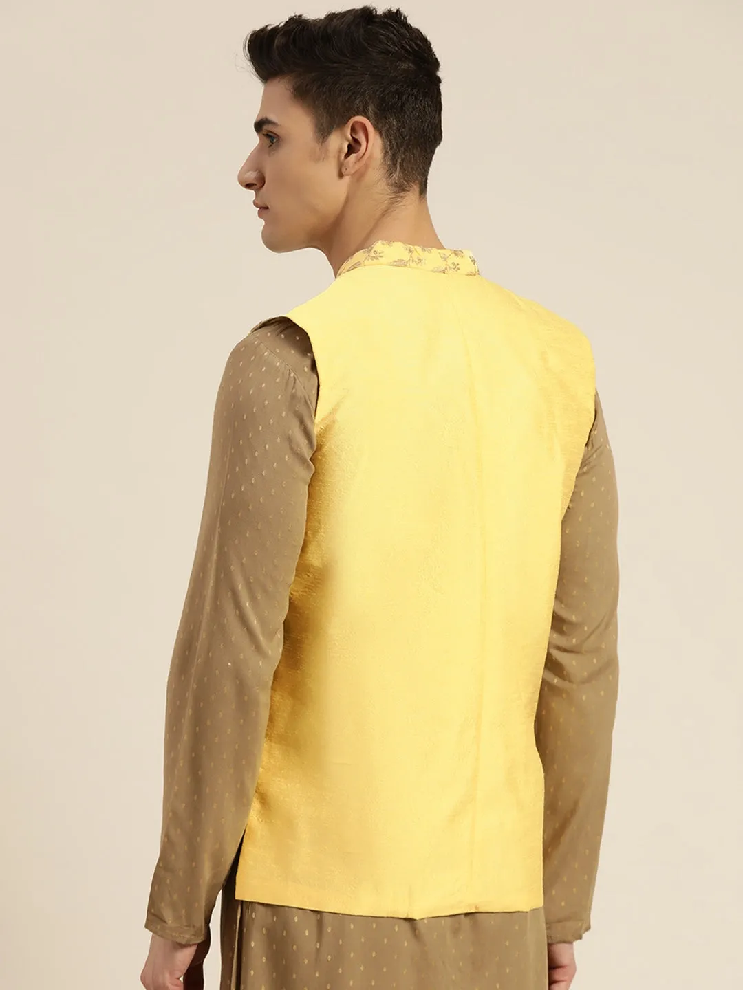 Men's Silk Blend Lemon Yellow & Gold Embroidered Only Nehrujacket - Sojanya