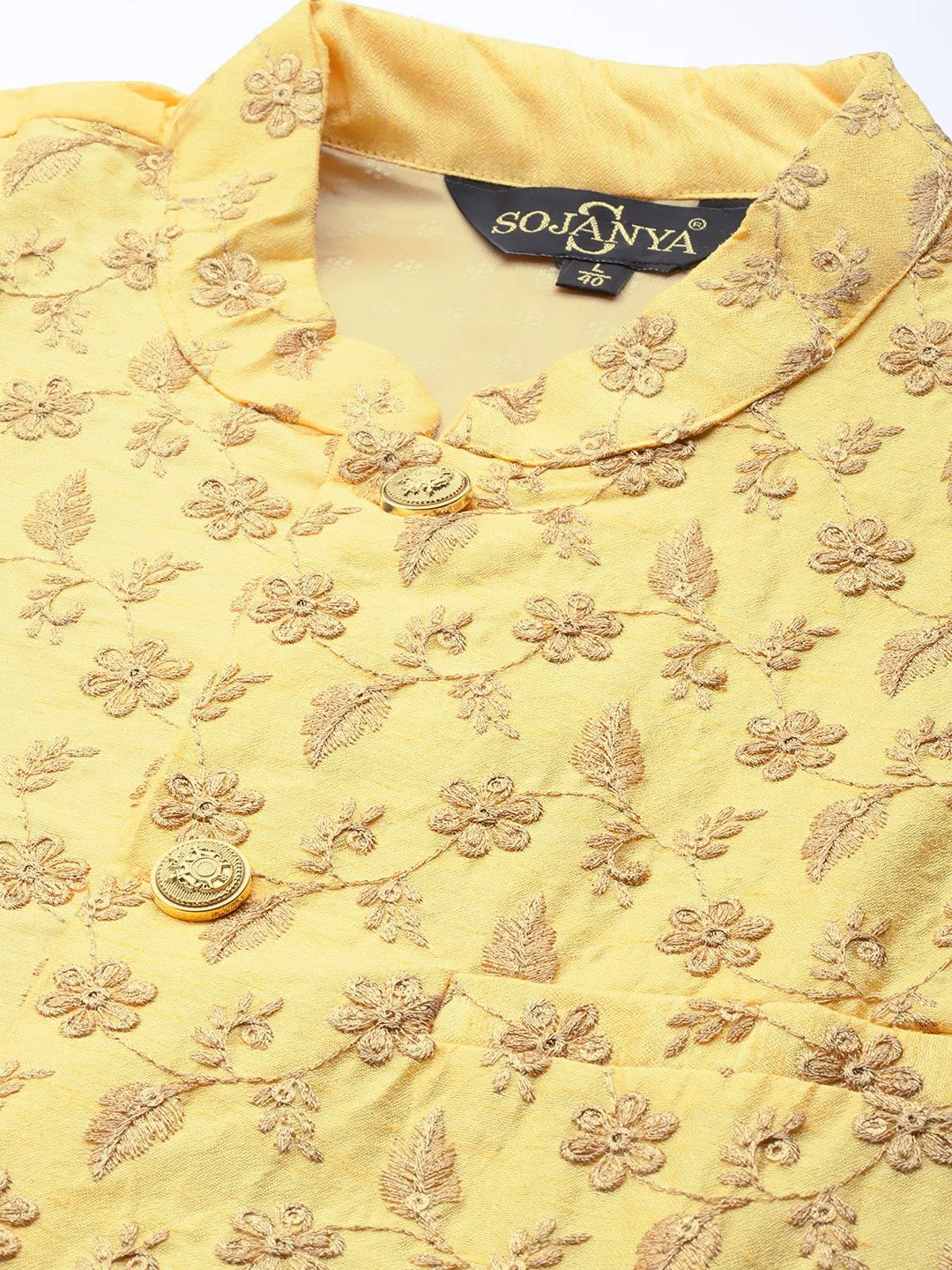 Men's Silk Blend Lemon Yellow & Gold Embroidered Only Nehrujacket - Sojanya