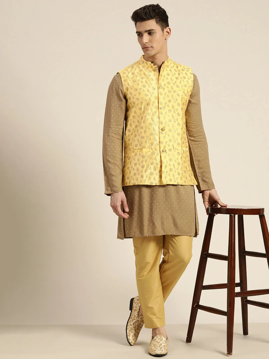 Men's Silk Blend Lemon Yellow & Gold Embroidered Only Nehrujacket - Sojanya