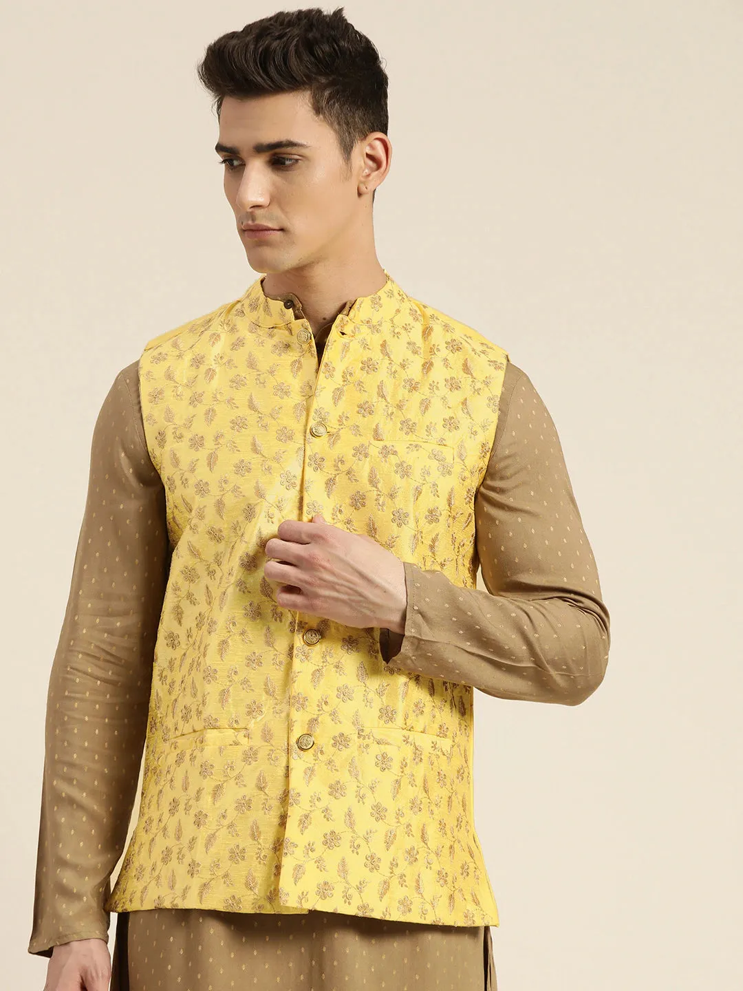 Men's Silk Blend Lemon Yellow & Gold Embroidered Only Nehrujacket - Sojanya