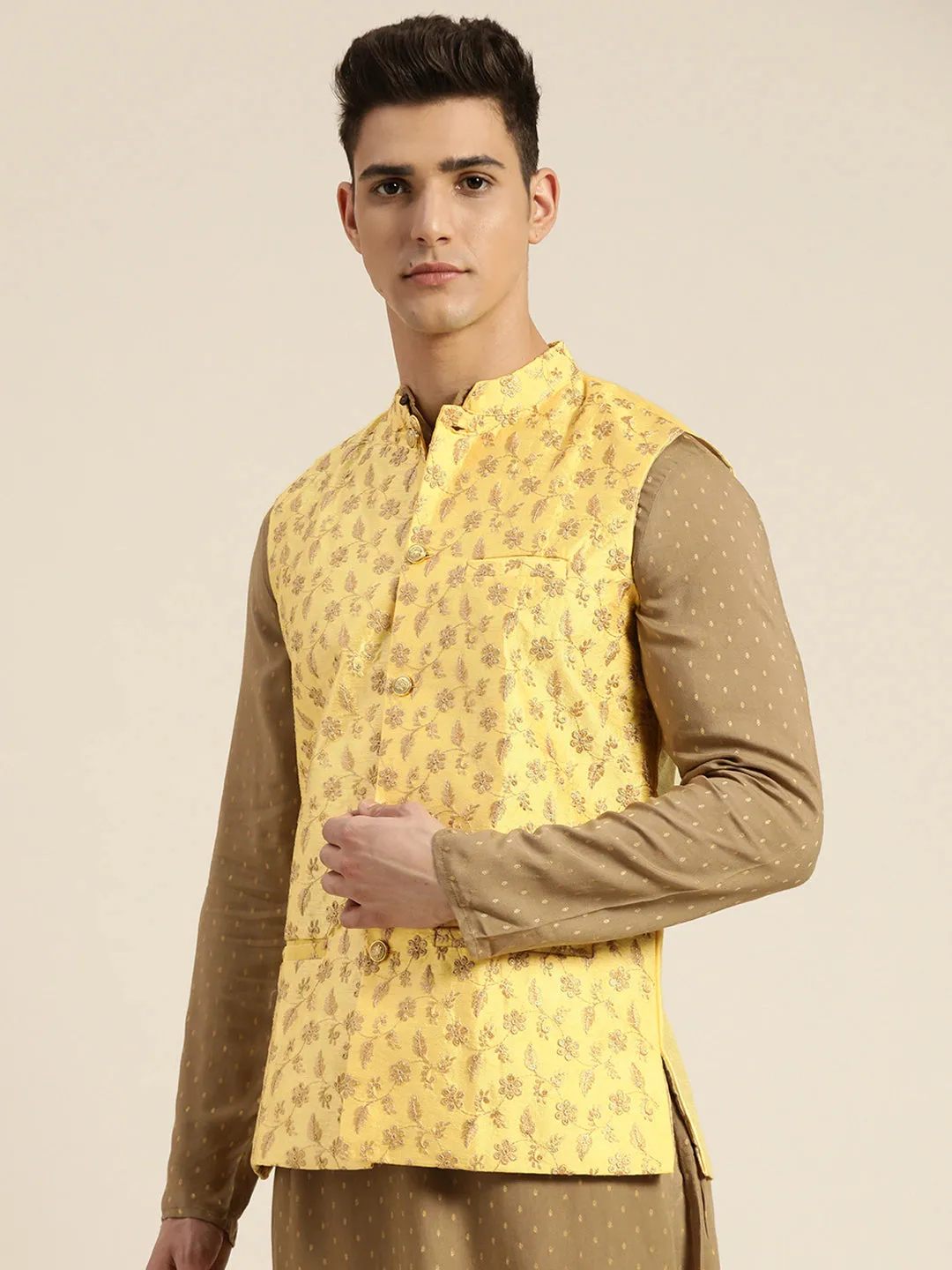 Men's Silk Blend Lemon Yellow & Gold Embroidered Only Nehrujacket - Sojanya