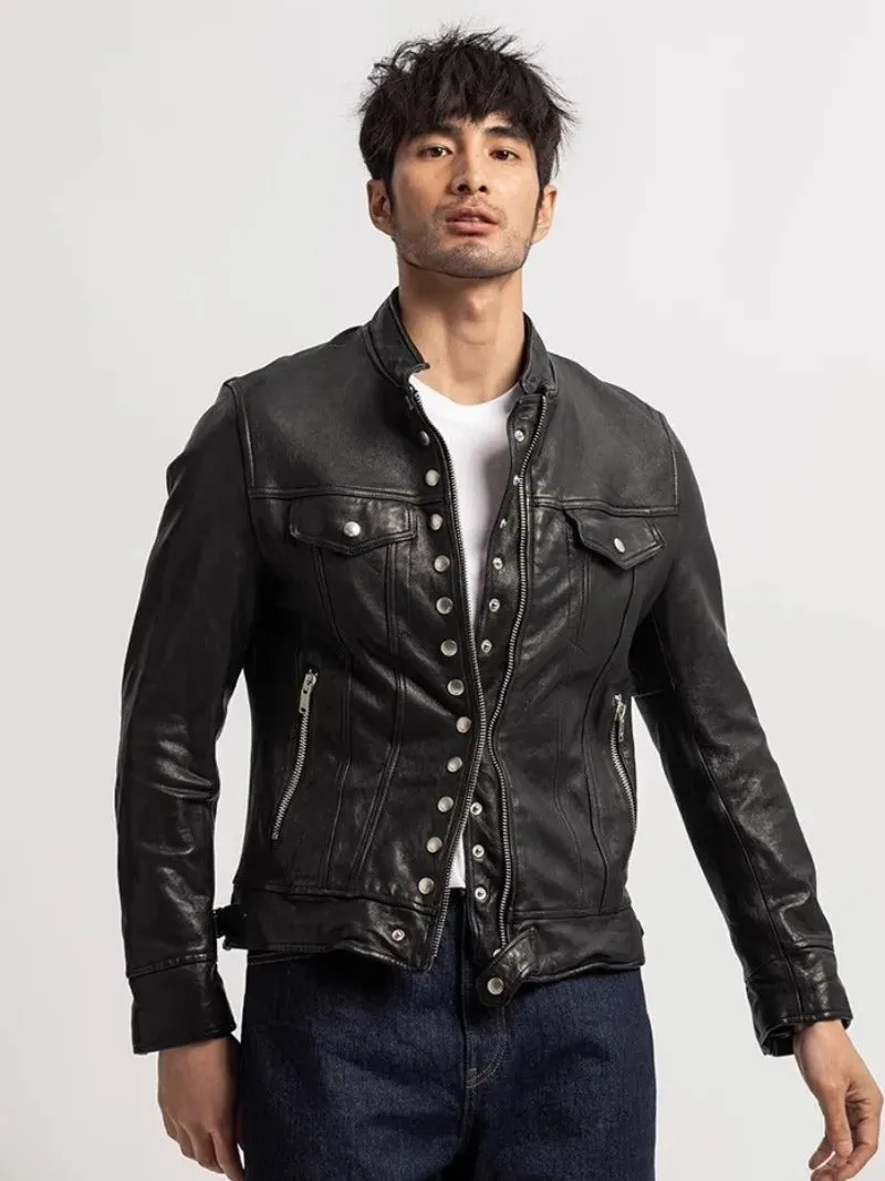 Men's Slim Fit Designer Black Sheepskin Motorcycle Jacket