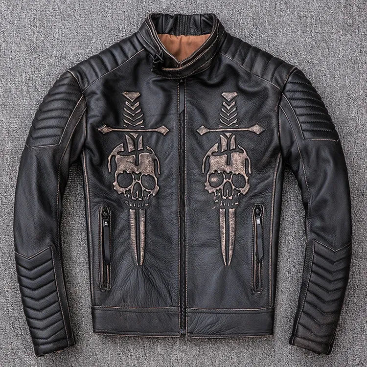 Men's Slim Fit Distressed Moto Biker Leather Jacket: 100% Cowhide with Skull Design