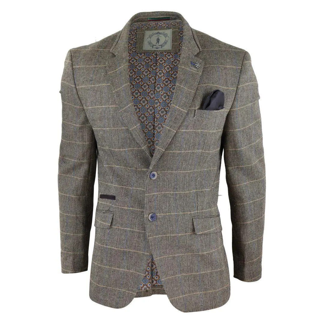 Mens Tweed Herringbone Check Grey Navy Brown Vintage Fit Blinders Blazer