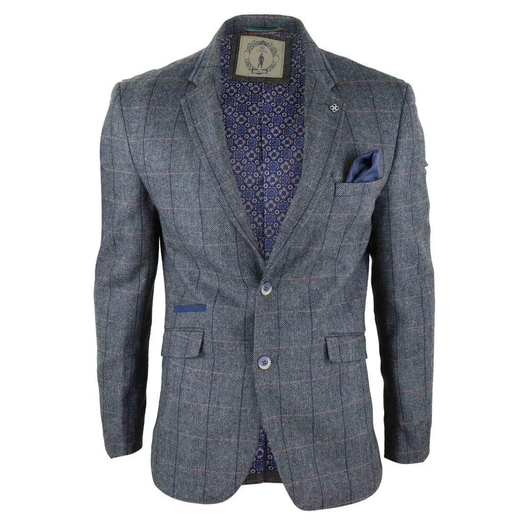 Mens Tweed Herringbone Check Grey Navy Brown Vintage Fit Blinders Blazer