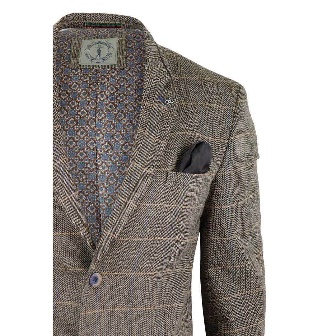 Mens Tweed Herringbone Check Grey Navy Brown Vintage Fit Blinders Blazer