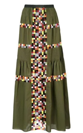 Military Green Embroidered Long Skirt