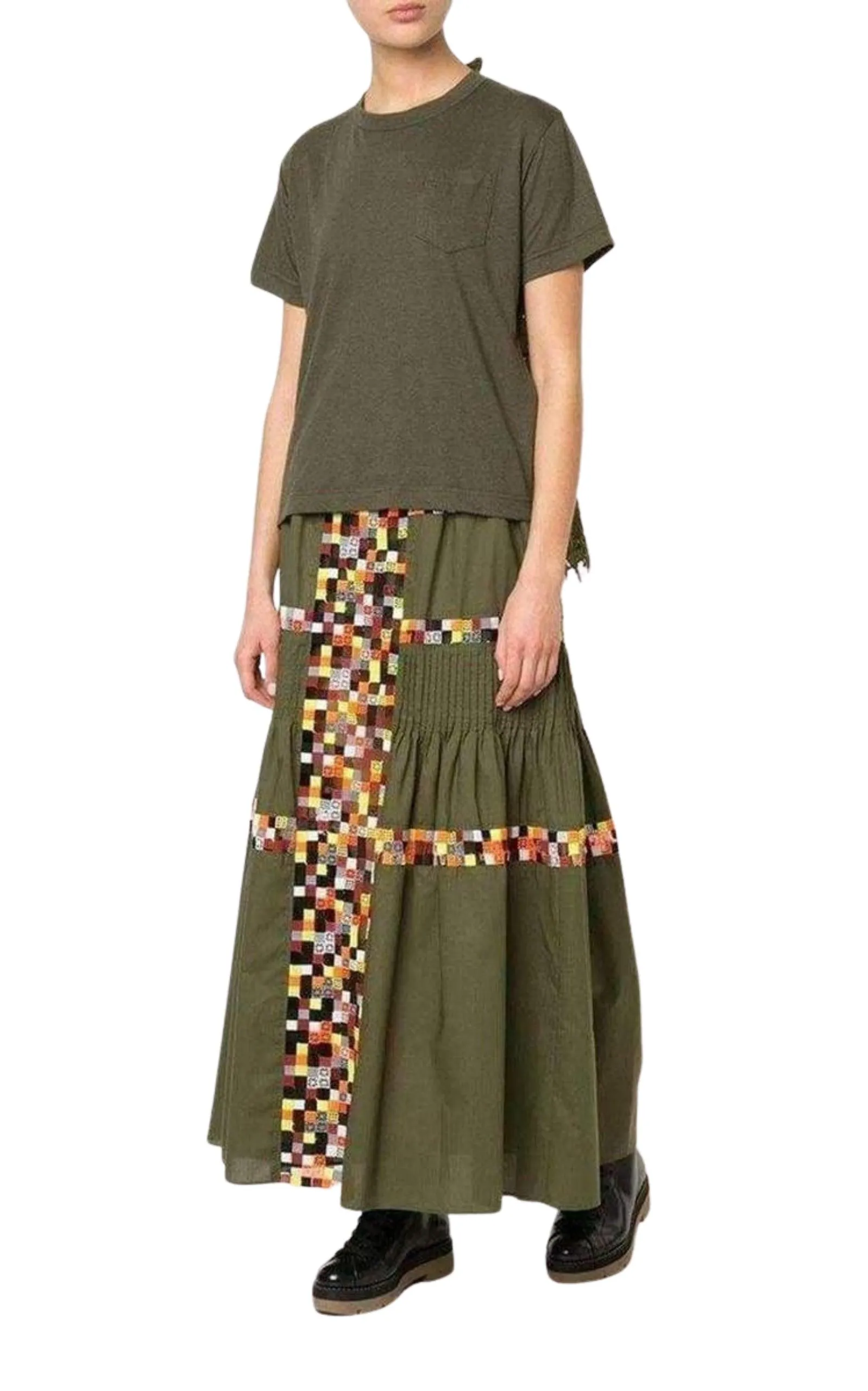 Military Green Embroidered Long Skirt