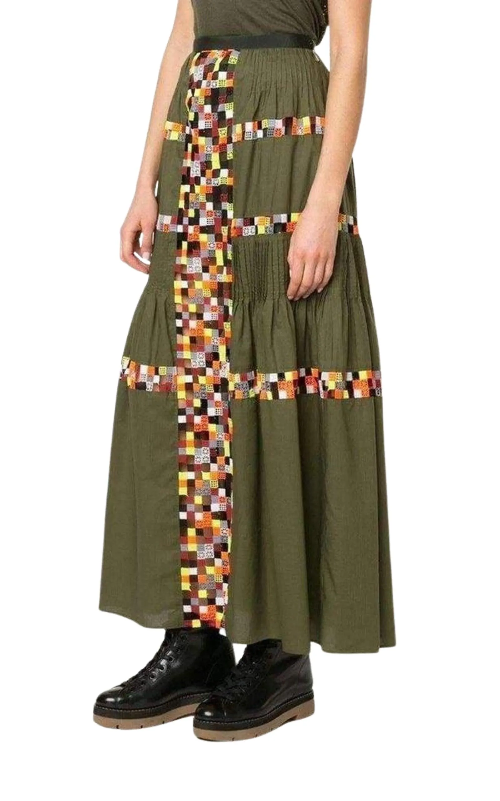 Military Green Embroidered Long Skirt