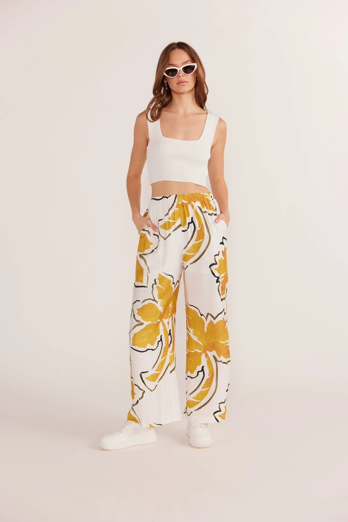 Mink Pink Zuri Wide Leg Pant - White Palm Print