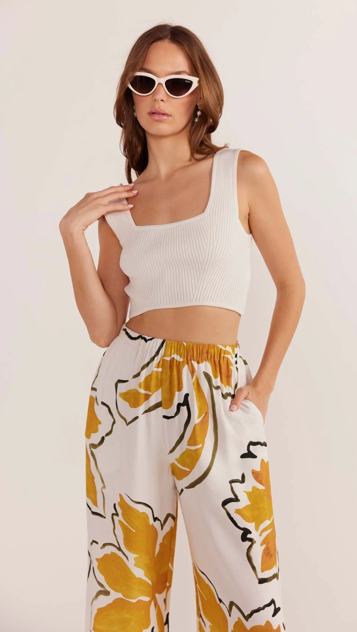 Mink Pink Zuri Wide Leg Pant - White Palm Print