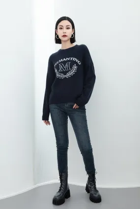 Navy Blue M Pattern Wool Sweater