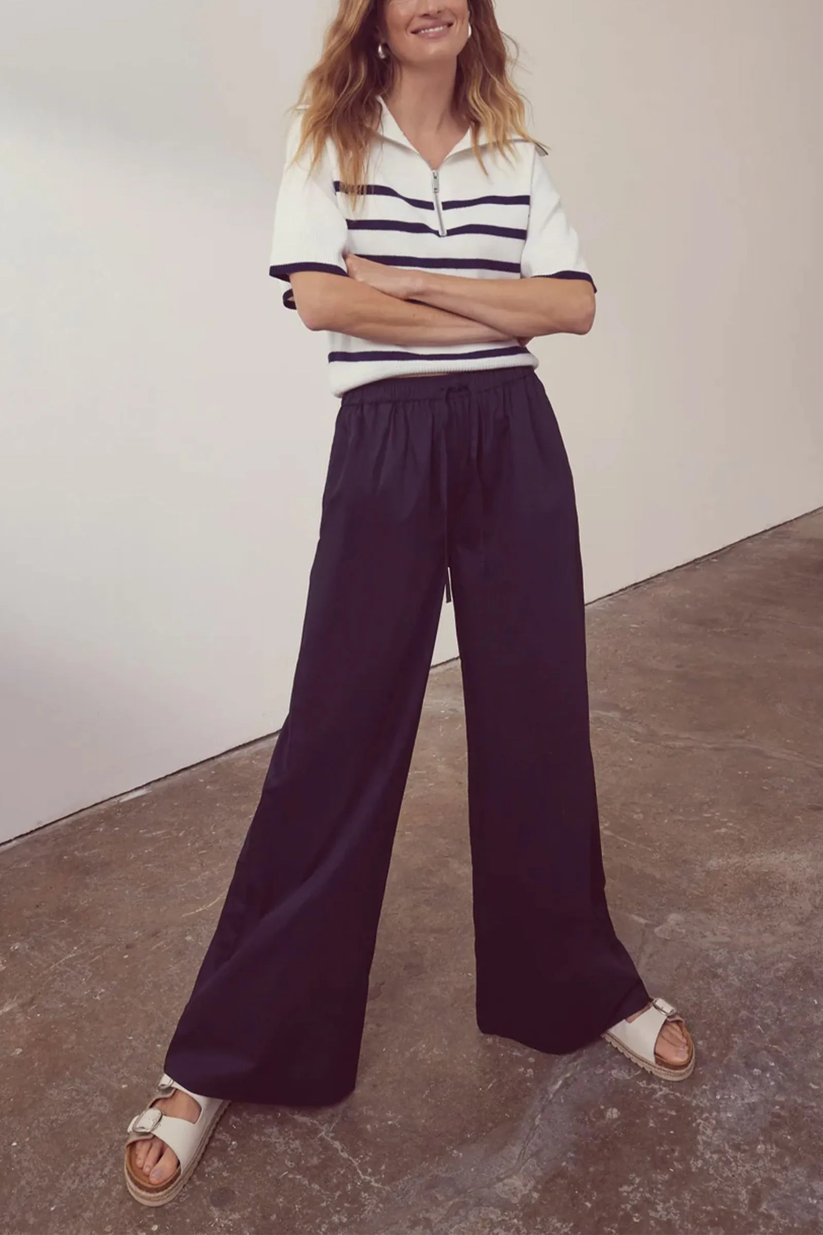 Navy Cotton Wide Trousers