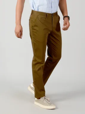 Olive Brown Self Textured Slim Fit Casual Trouser | JadeBlue