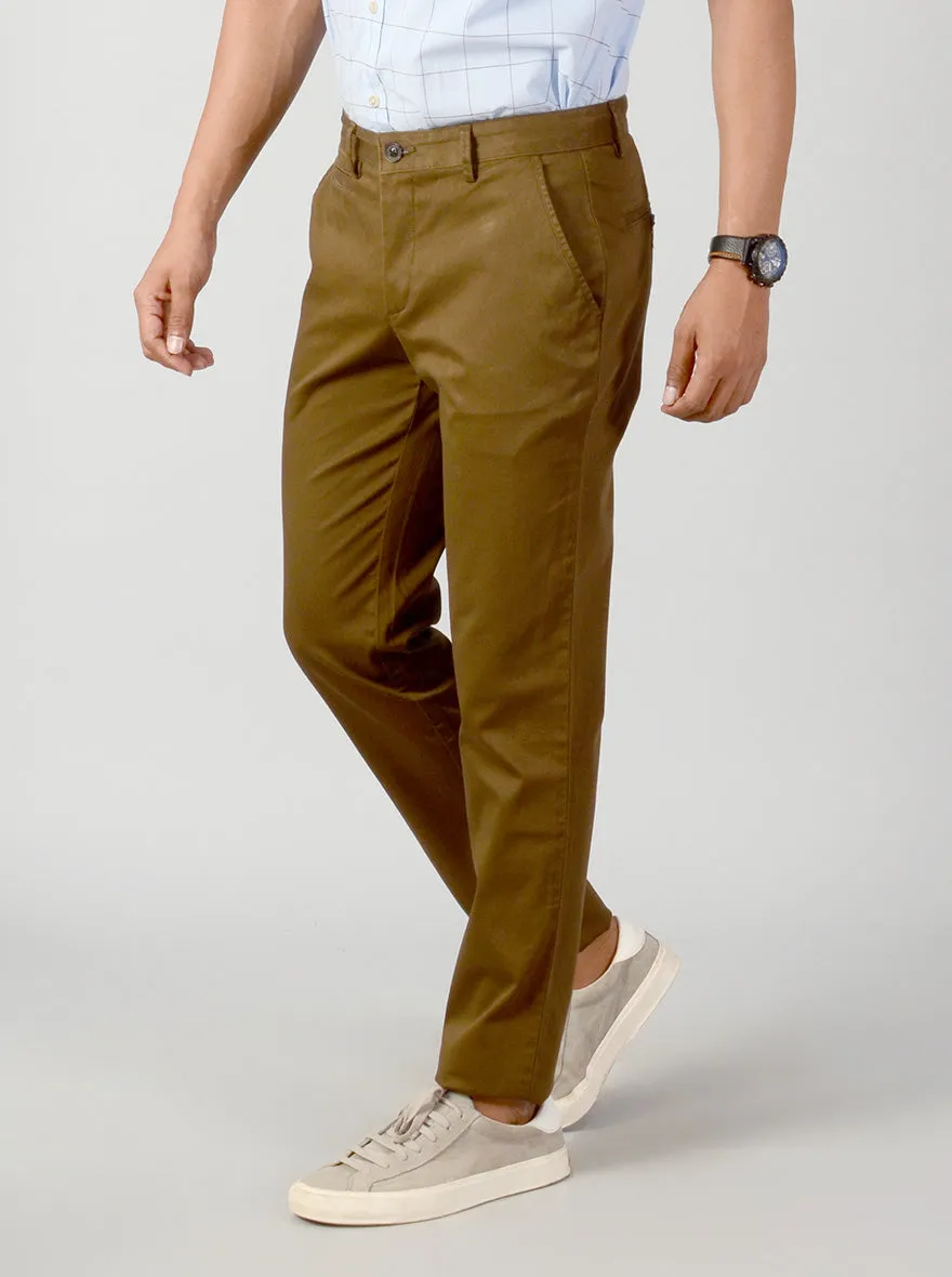 Olive Brown Self Textured Slim Fit Casual Trouser | JadeBlue