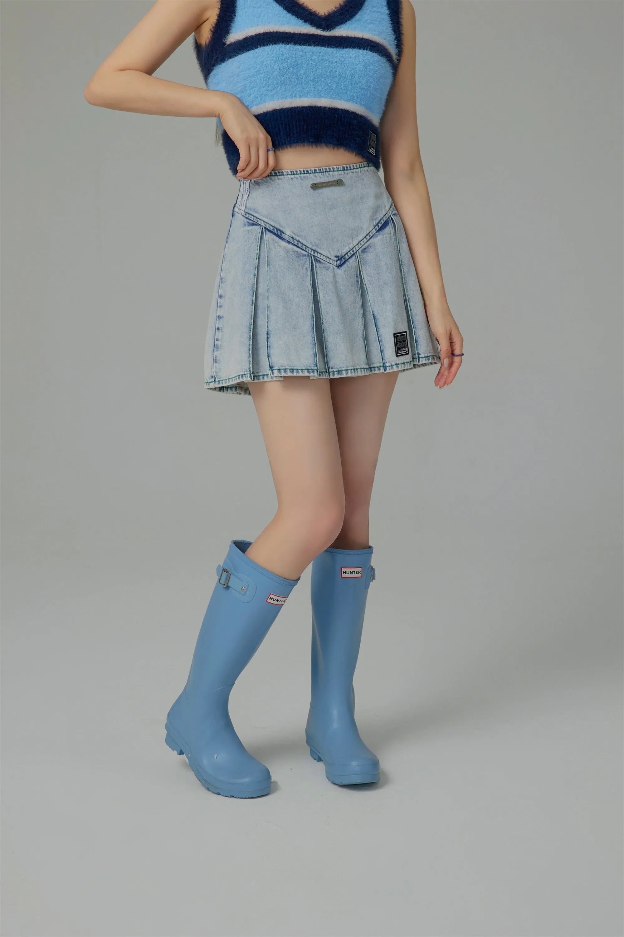 Paradise Island Washed Denim Pleated Skirt