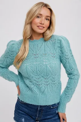 Pointelle Puff Sleeve Sweater - Mint