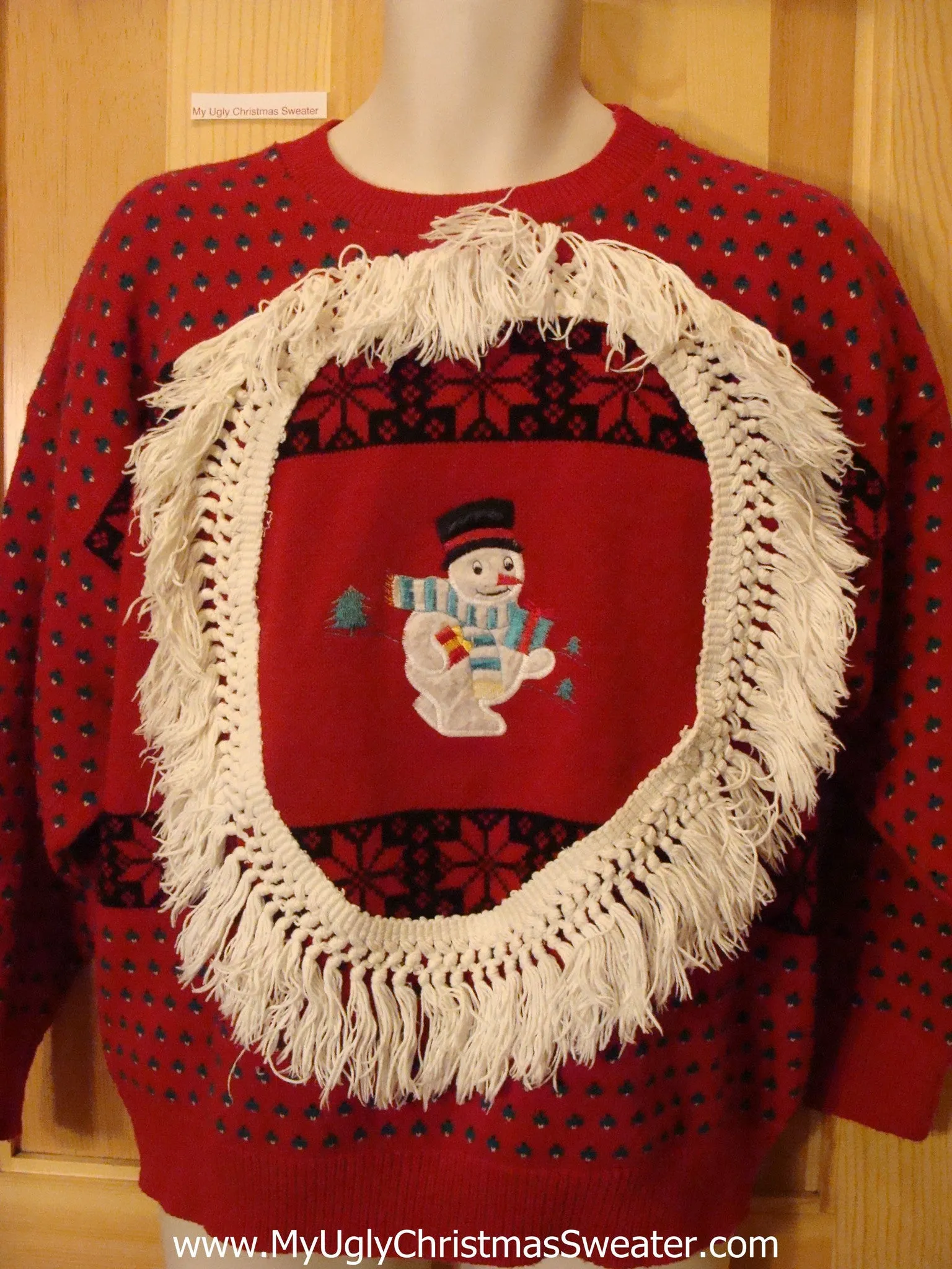 Red Funny Ugly Sweater with Snowman with Fringe 2sided