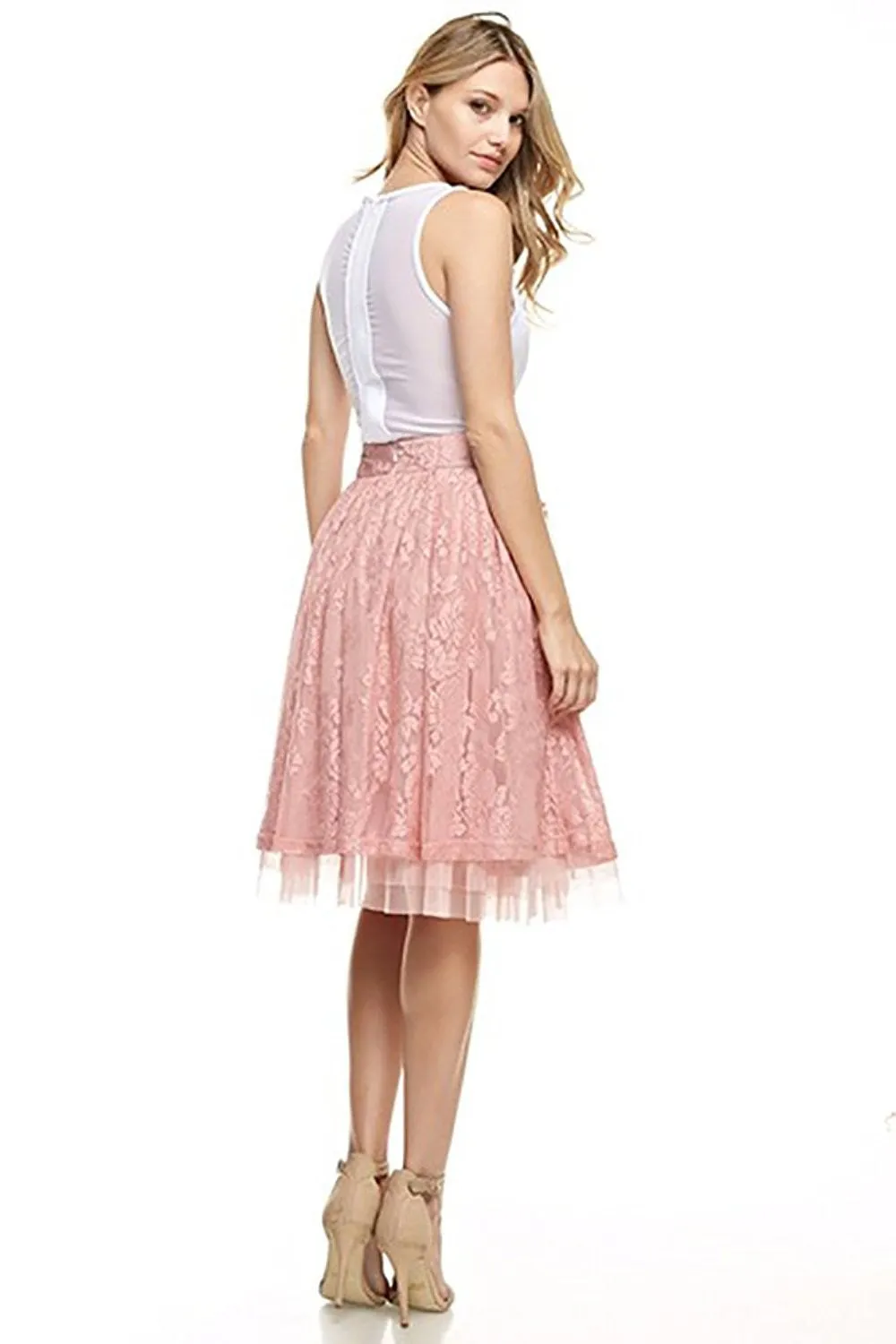 Rose Pink Floral Lace A-line Layered Fashion Skirt with Zipper