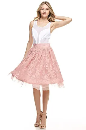 Rose Pink Floral Lace A-line Layered Fashion Skirt with Zipper