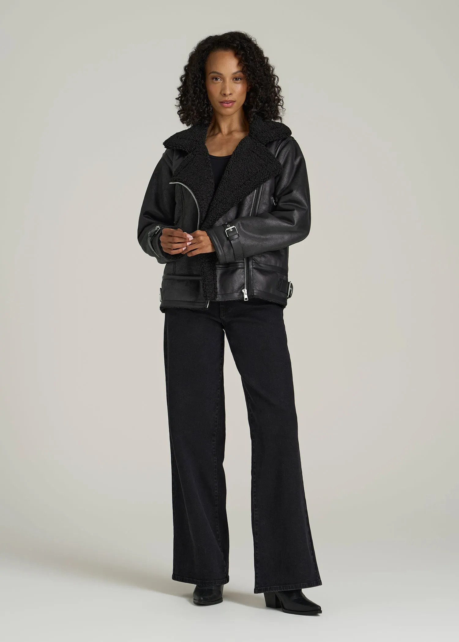 Shearling Moto Jacket for Tall Women in Black