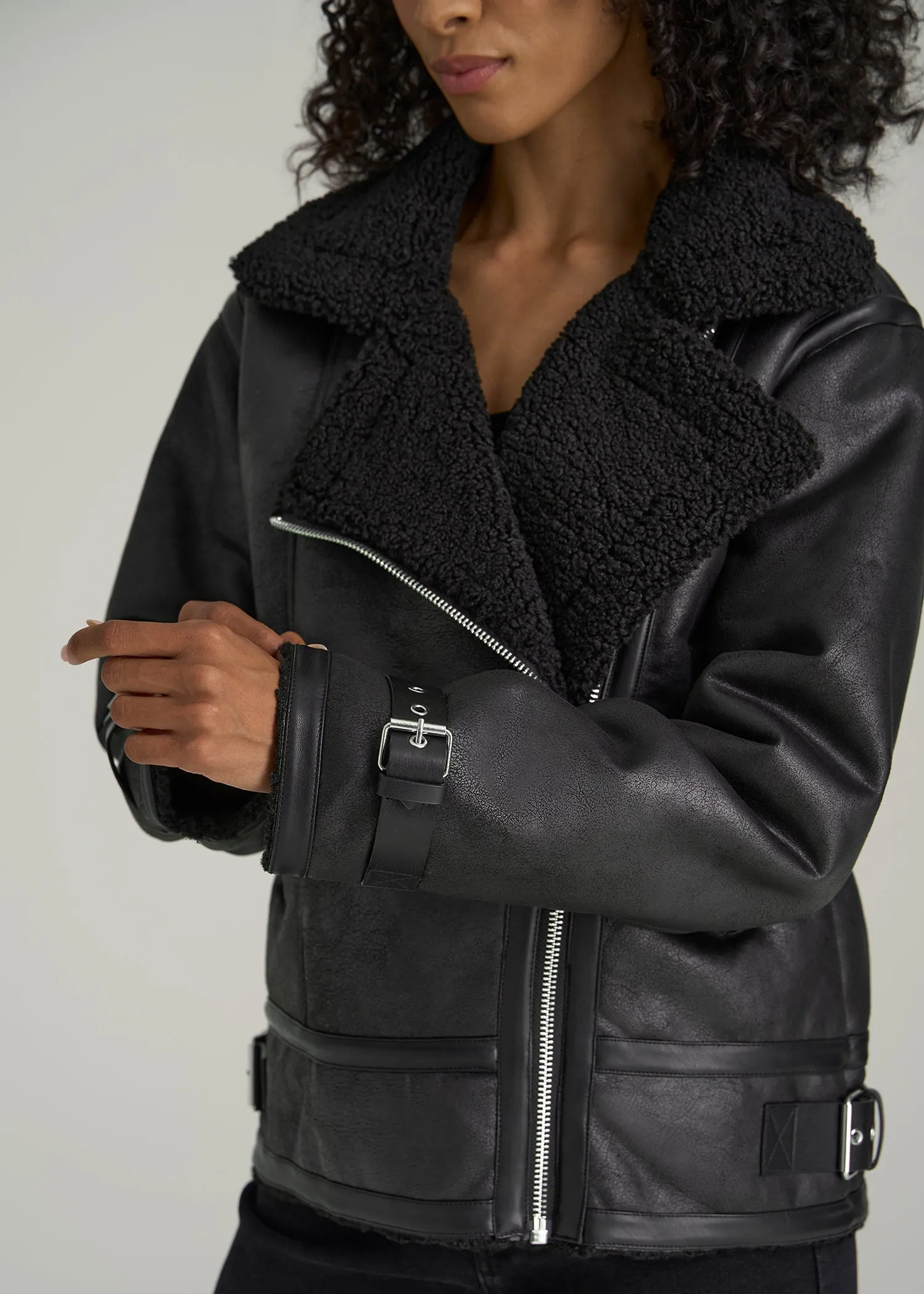 Shearling Moto Jacket for Tall Women in Black