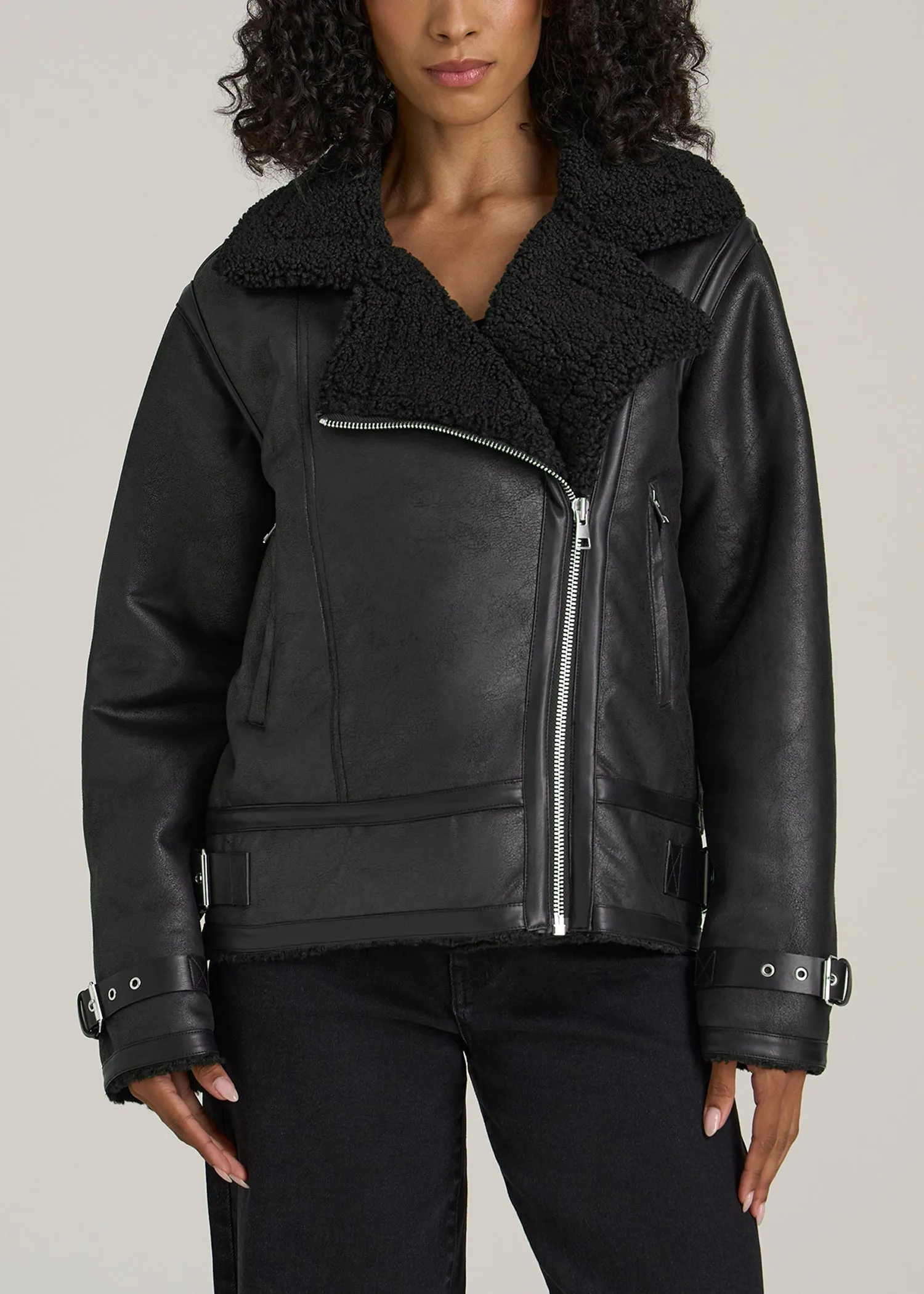 Shearling Moto Jacket for Tall Women in Black