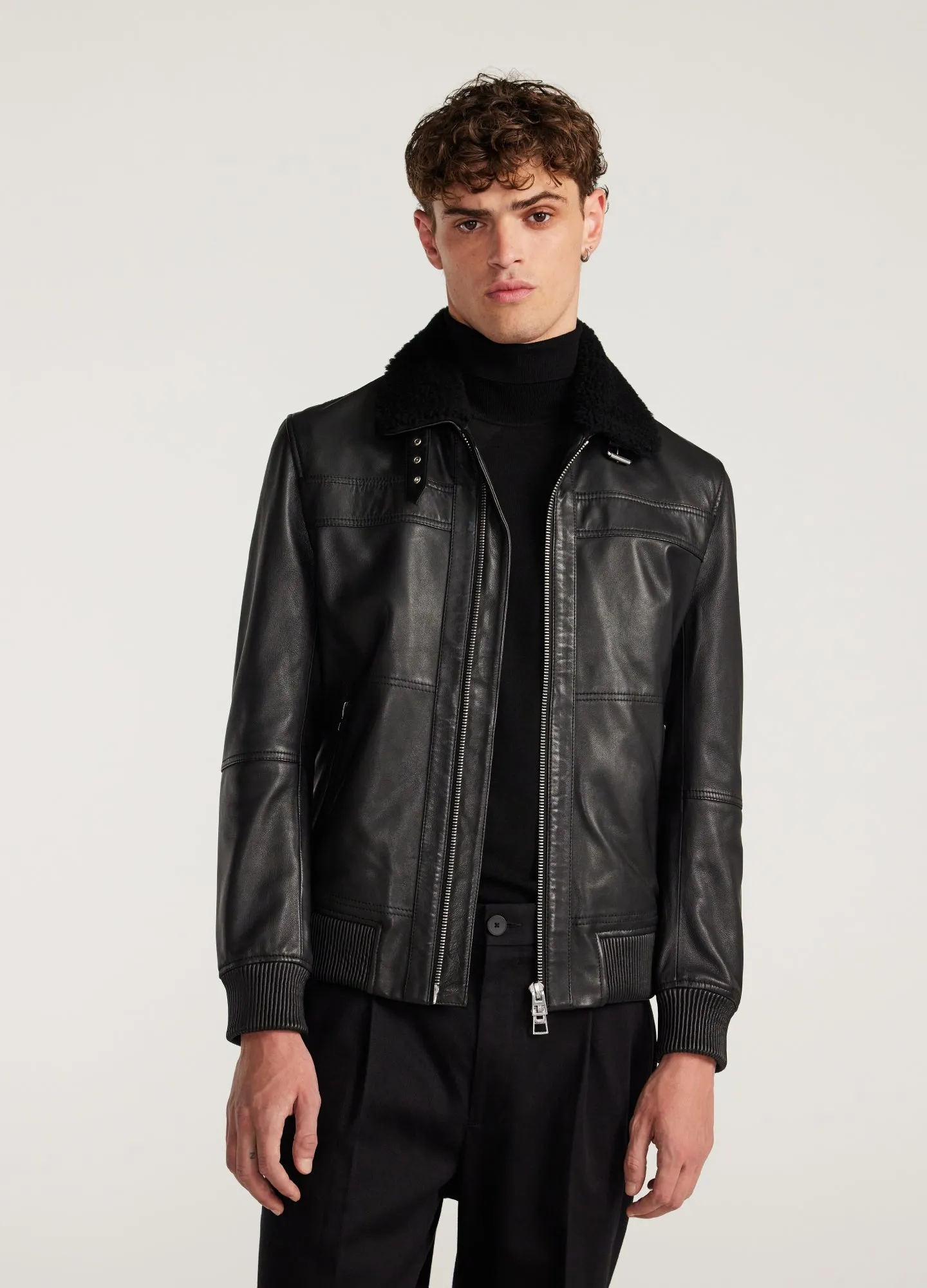 Shearling Trim Leather Jacket Black