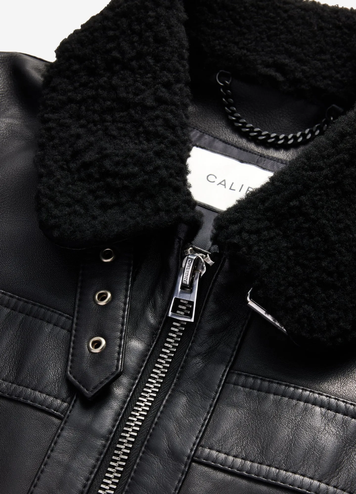 Shearling Trim Leather Jacket Black