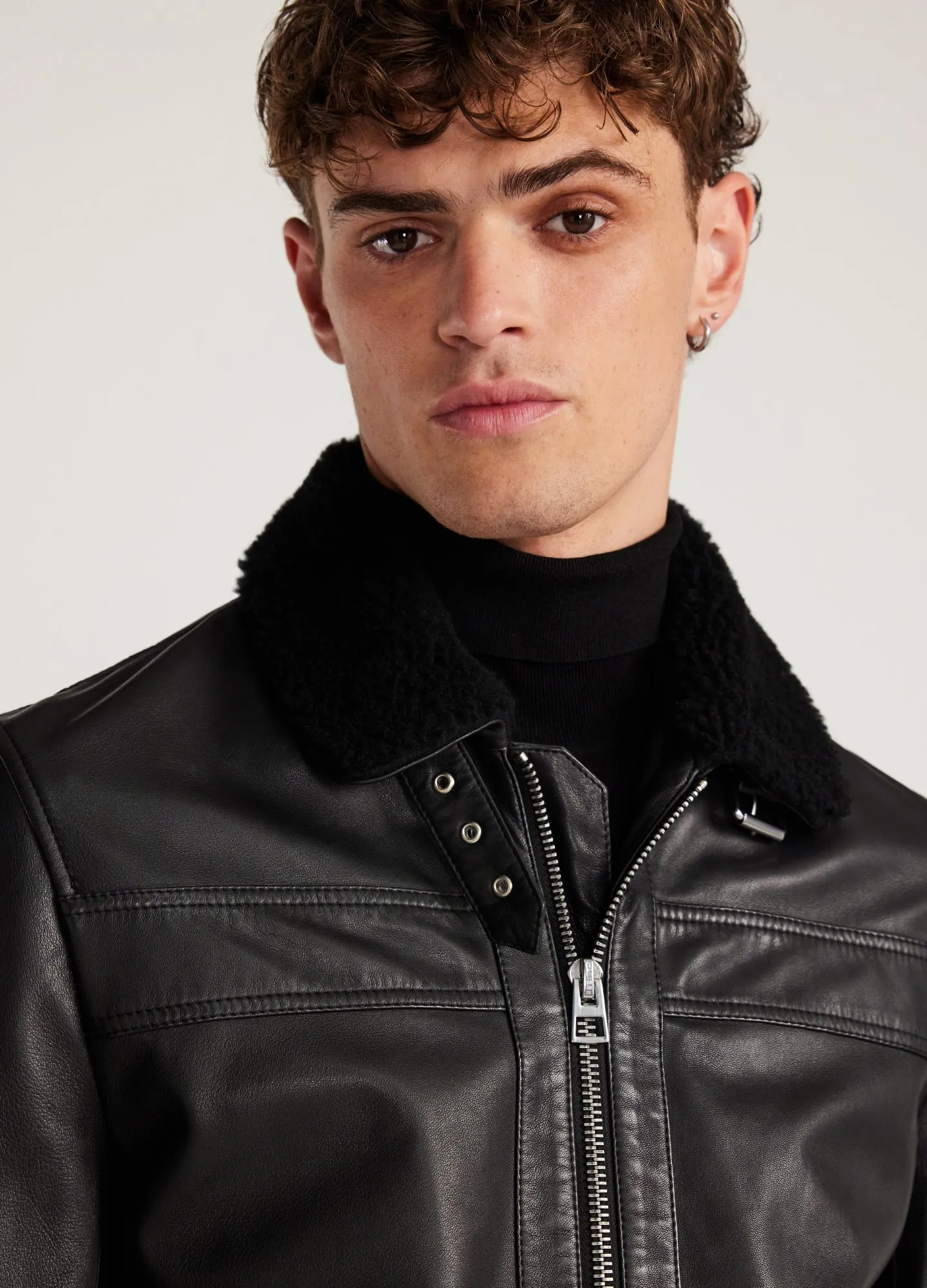 Shearling Trim Leather Jacket Black