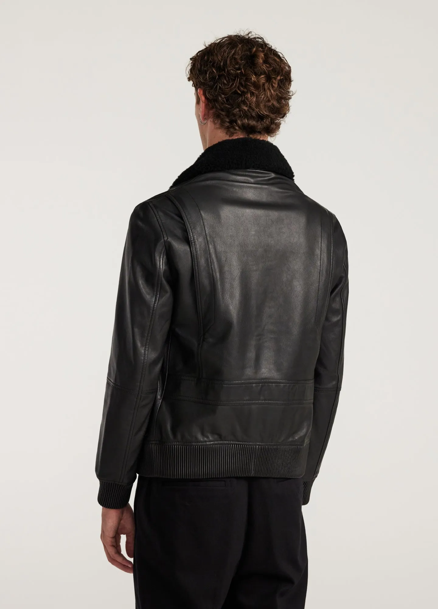 Shearling Trim Leather Jacket Black