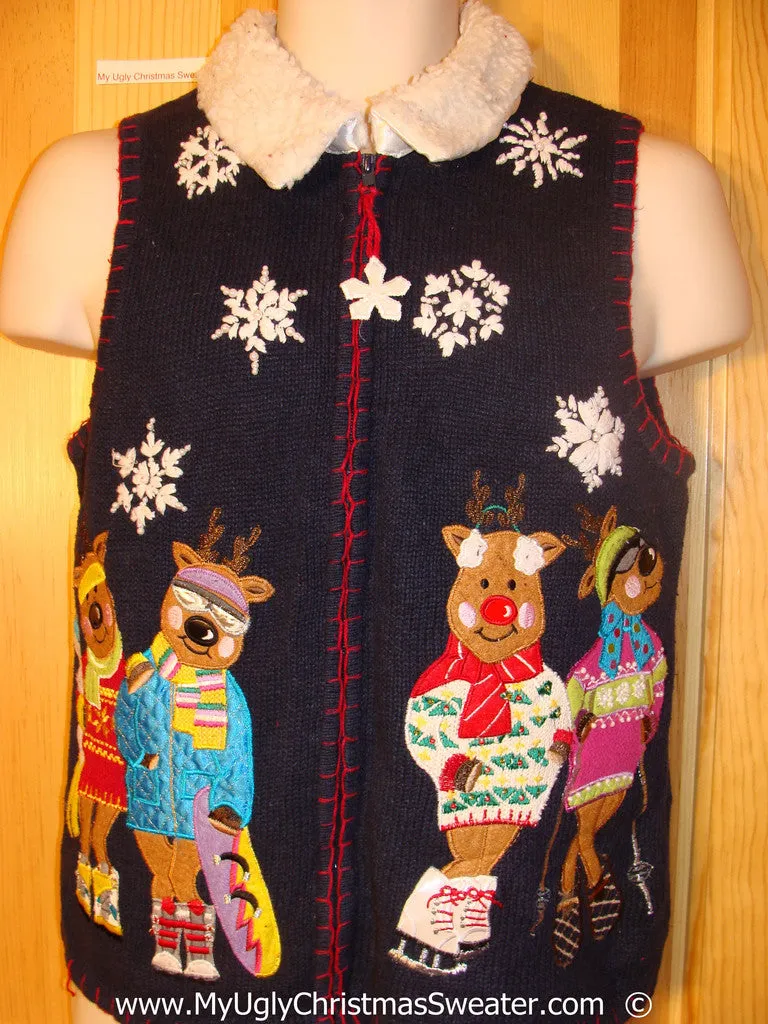 Ski Skate Themed Tacky Christmas Sweater Vest with Bears (f1393)