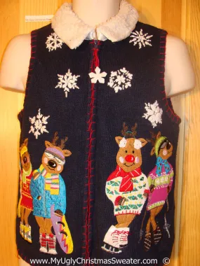 Ski Skate Themed Tacky Christmas Sweater Vest with Bears (f1393)