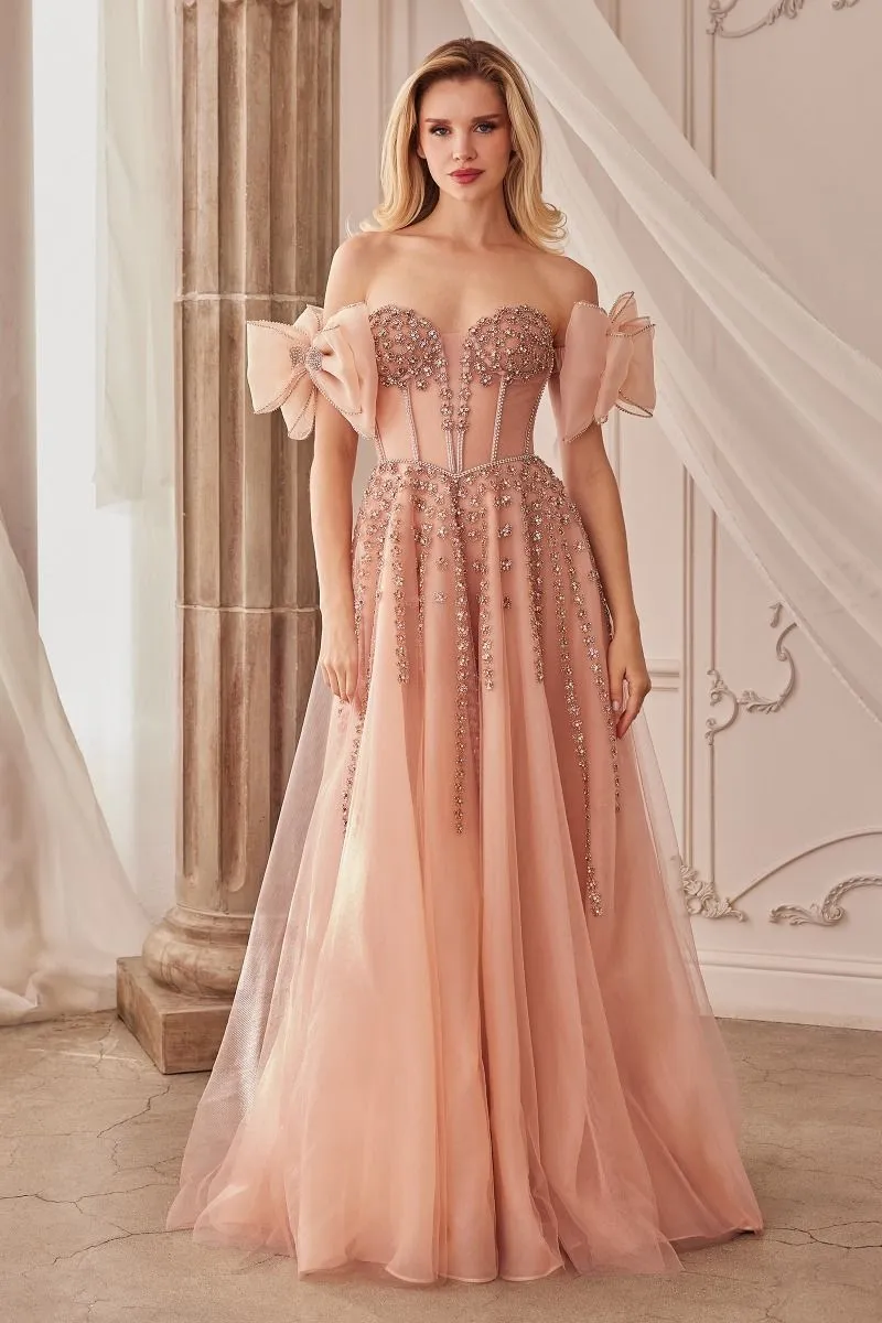 STRAPLESS BEADED GOWN WITH BOW SLEEVE ACCESSORIES CDA1338