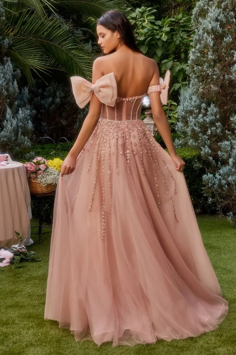 STRAPLESS BEADED GOWN WITH BOW SLEEVE ACCESSORIES CDA1338