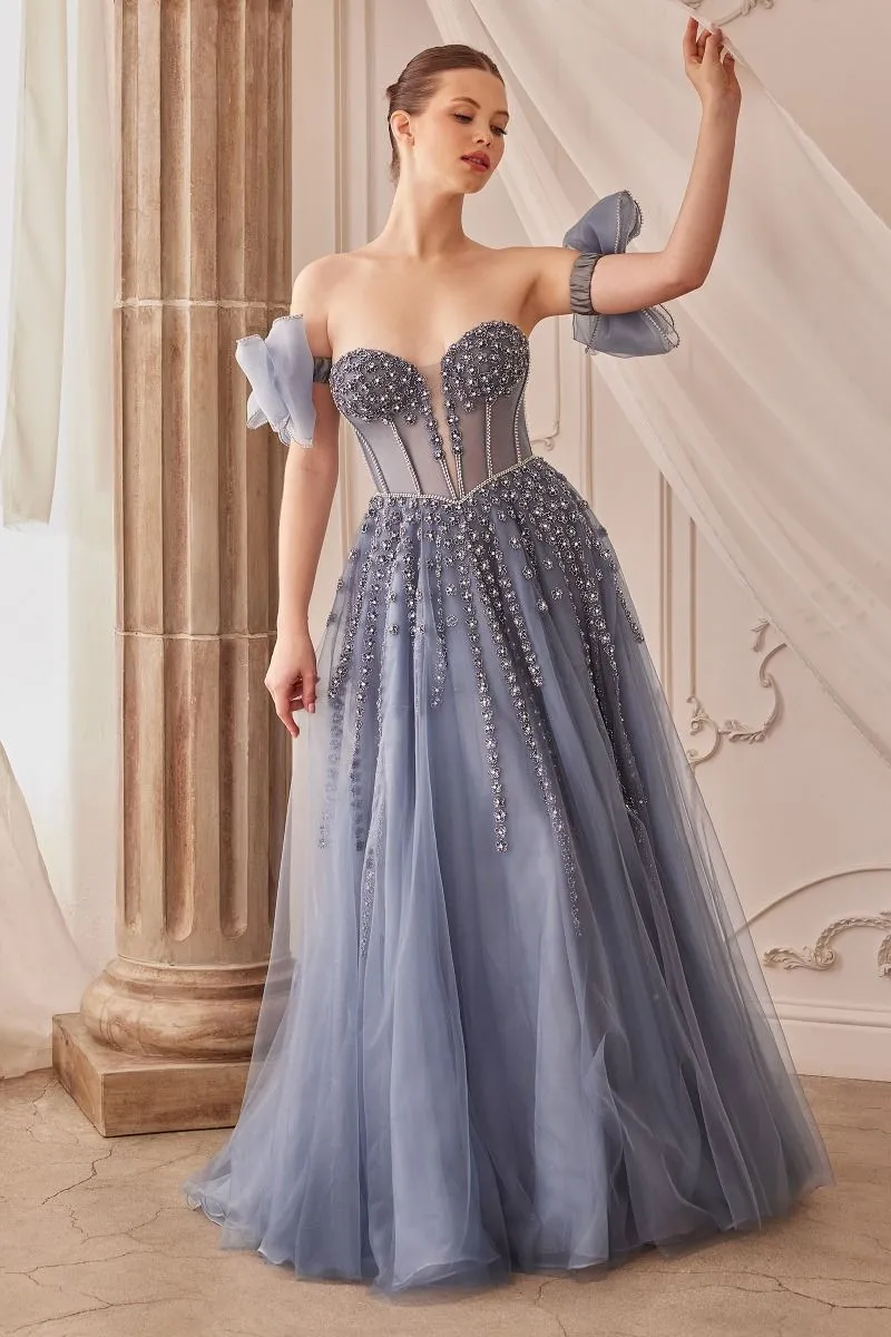 STRAPLESS BEADED GOWN WITH BOW SLEEVE ACCESSORIES CDA1338