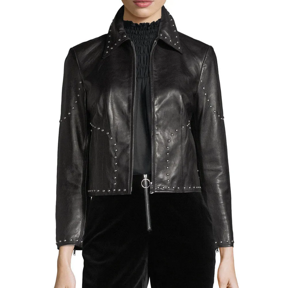 Stylish Studded Cropped Front Zip Women's Genuine Lambskin Leather biker Jacket